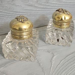 💎 Pair of 1800s Crystal & Brass Inkwells - Polished Vintage Classic Calligraphy